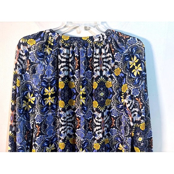 LOFT Women's Blue Yellow Floral Print Ruffle Tiered Mini Dress Size Medium - Picture 9 of 10
